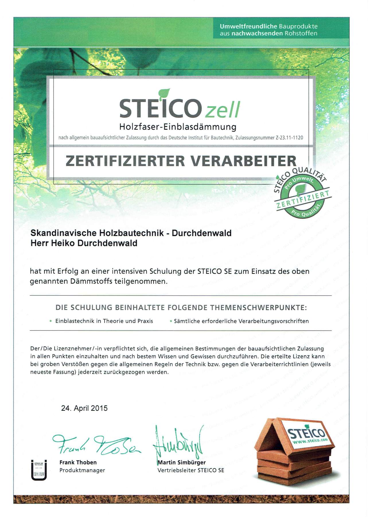 Steico-Zertifikat